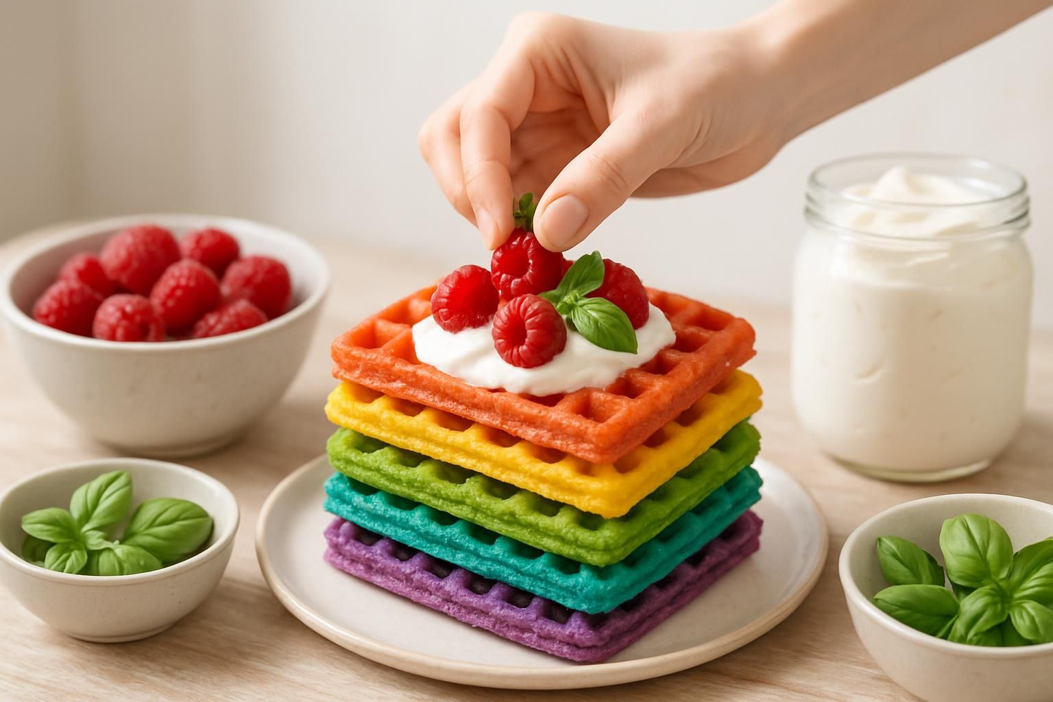 découvrez notre recette colorée de gaufres arc en ciel à la framboise et au basilic, avec toutes les étapes de préparation et de montage pour un dessert original et rafraîchissant.