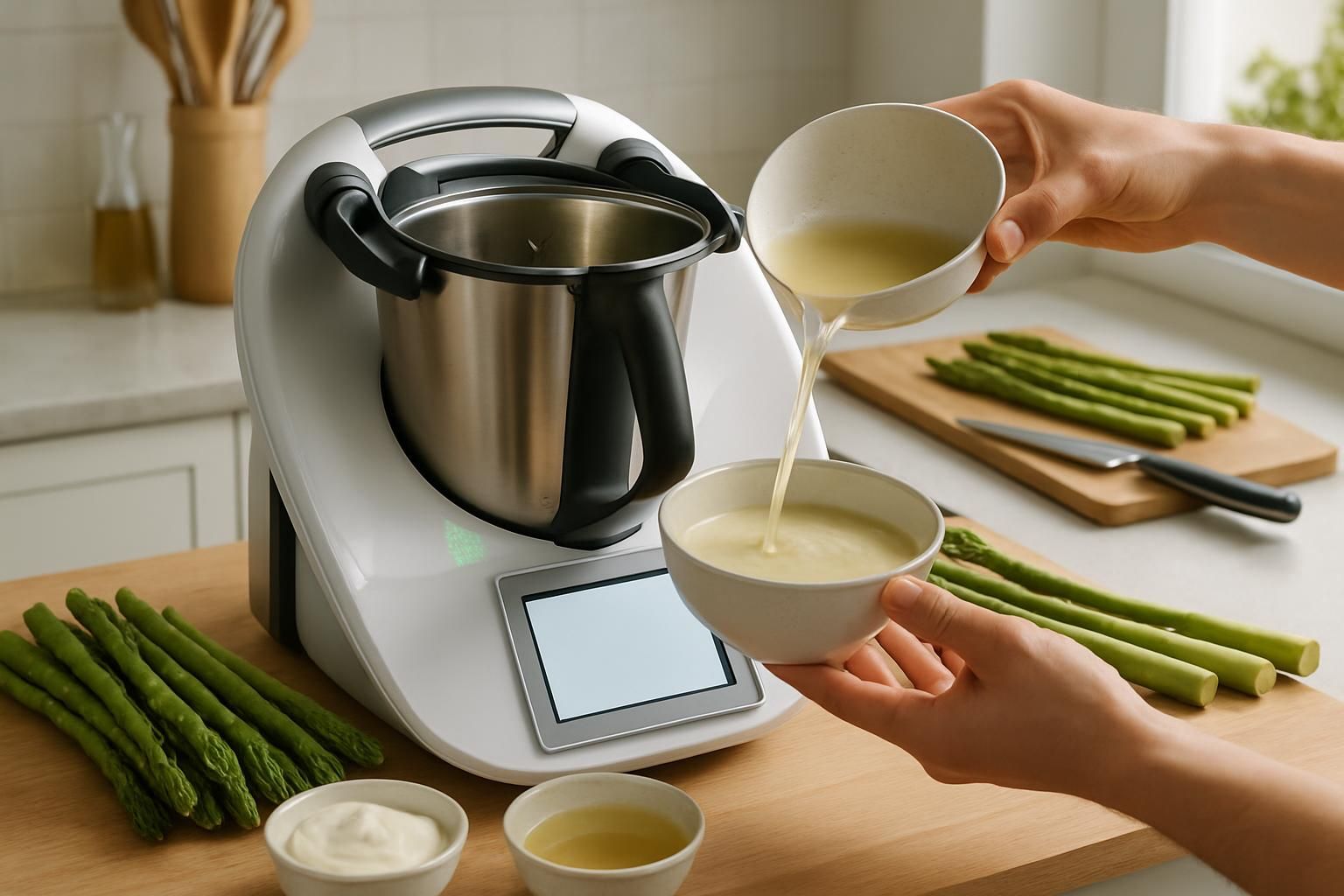 découvrez notre recette facile de velouté d'asperges au thermomix, avec des étapes simples pour une préparation et une cuisson parfaites.