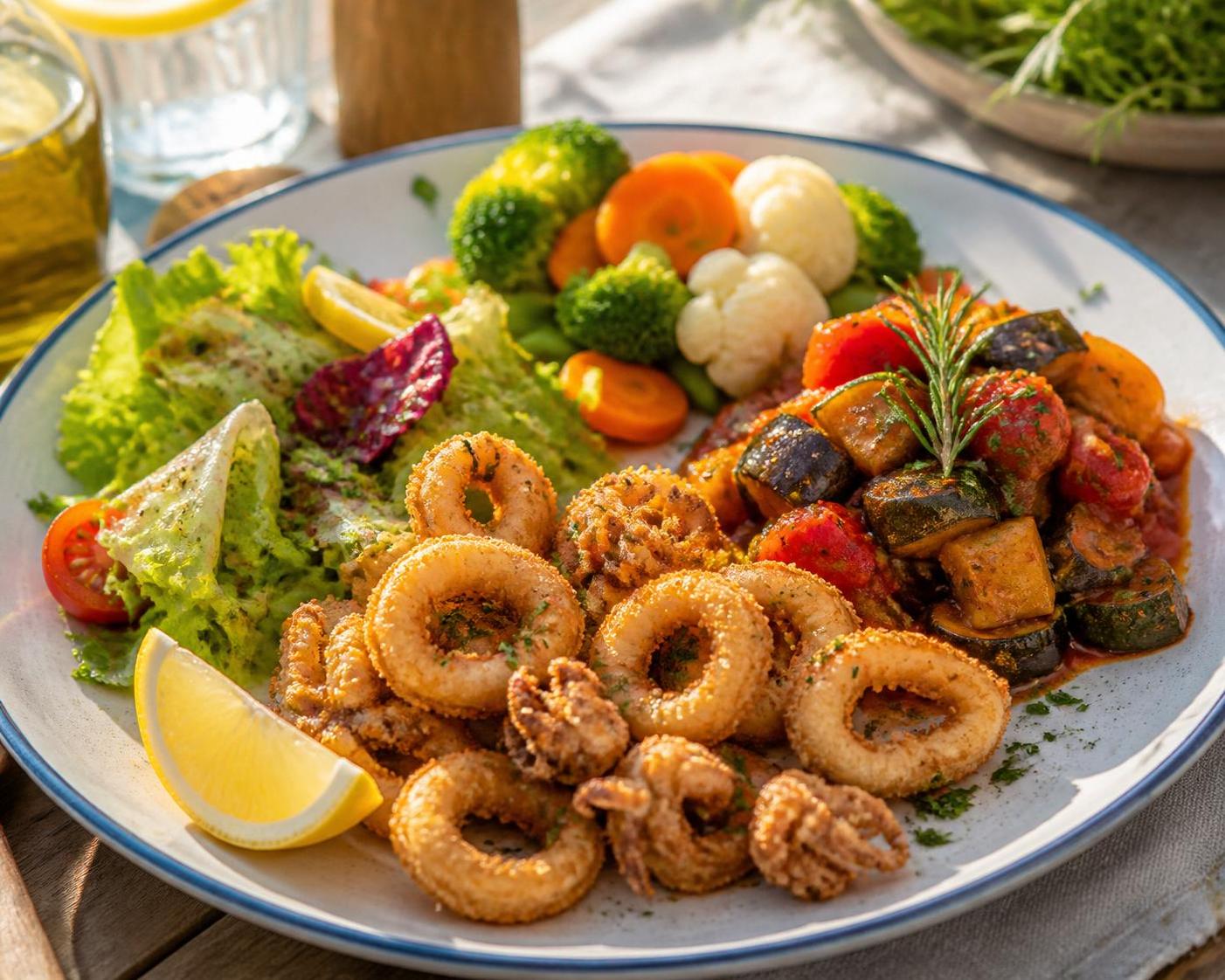 découvrez comment préparer un calamar à la romaine croustillant accompagné de légumes frais et de sauces savoureuses pour un repas équilibré et gourmand.