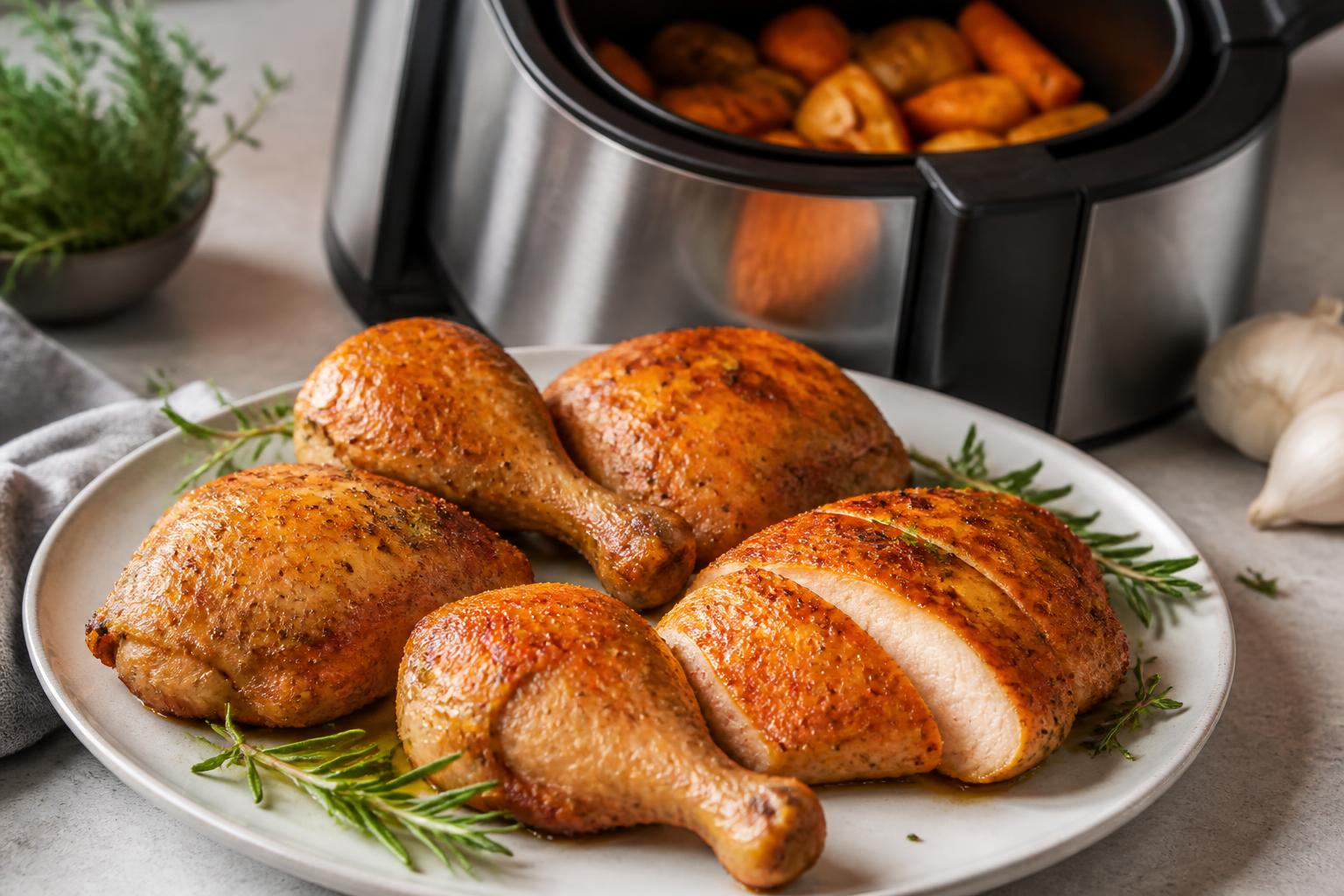 découvrez nos recettes faciles et savoureuses de poulet à l'air fryer : cuisses, pilons et blanc de poulet parfaitement croustillants et juteux en un rien de temps.