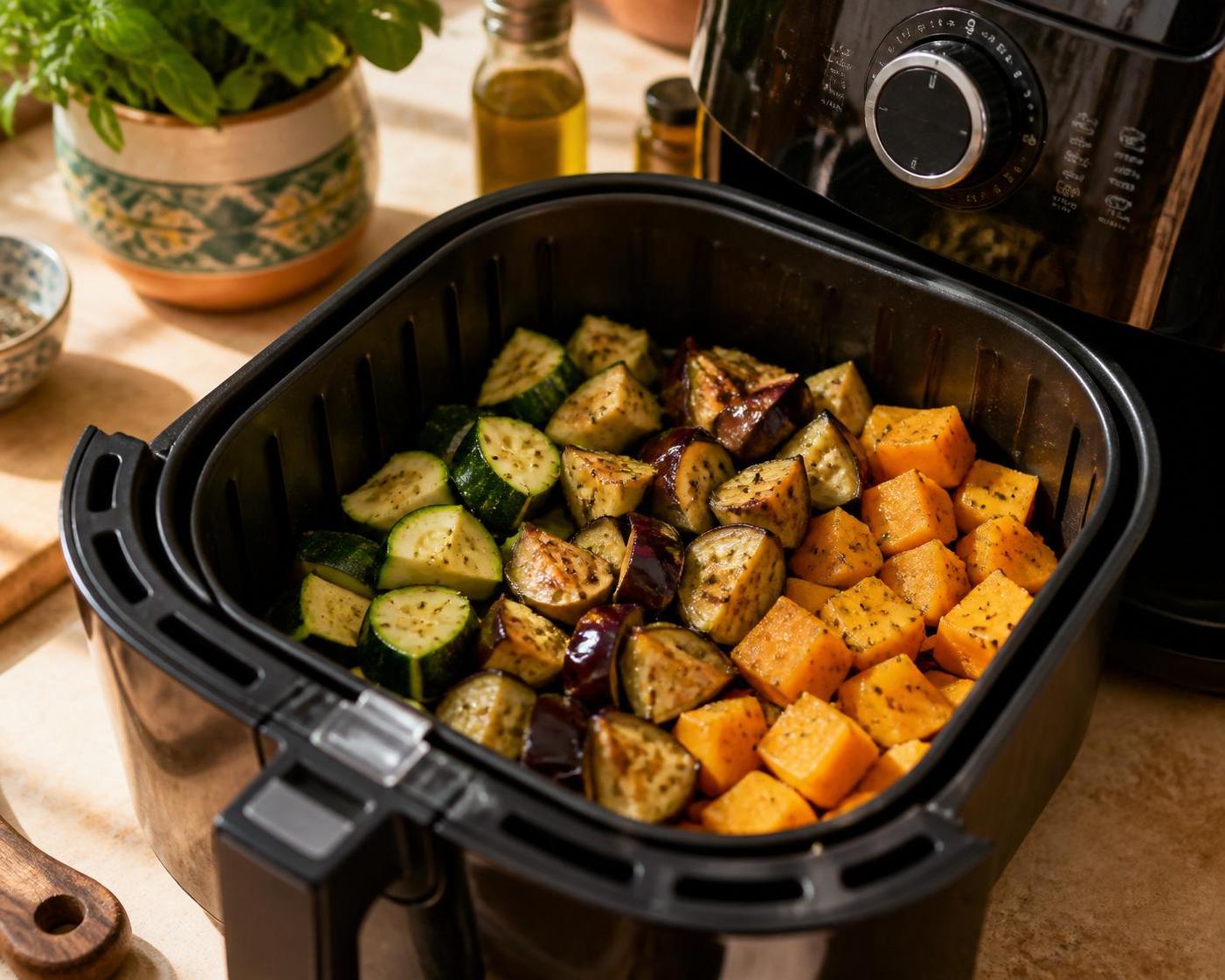 découvrez une recette saine et savoureuse de légumes à l’air fryer avec courgettes, aubergines et butternut, idéale pour un repas rapide et gourmand.