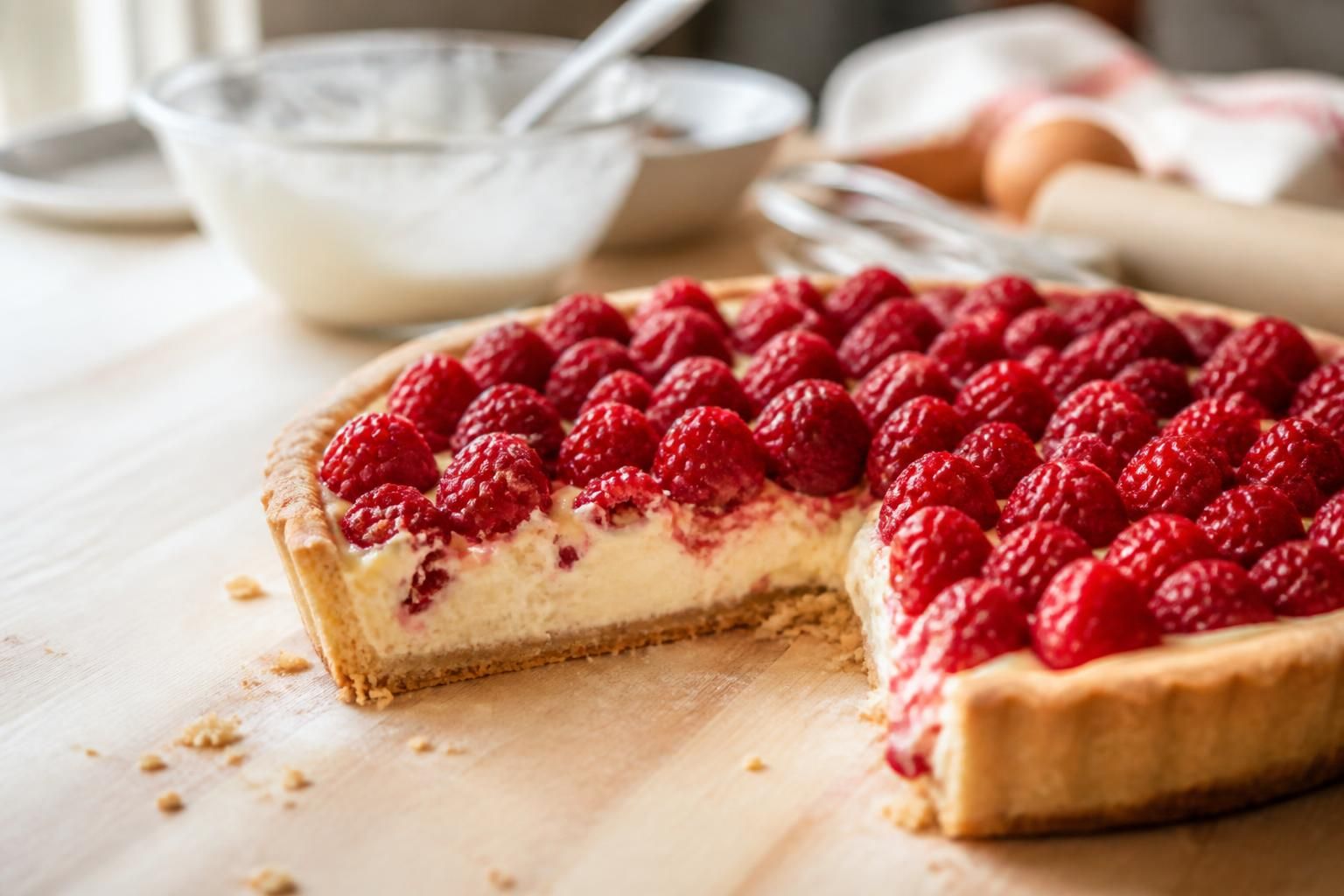 découvrez comment l'ajout de mascarpone dans ma crème pâtissière rend ma tarte aux framboises irrésistiblement onctueuse et toujours dévorée en un clin d'œil.