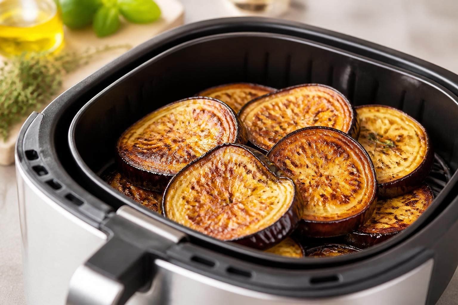 découvrez une recette simple et rapide d'aubergines fondantes et dorées à l'air fryer en seulement 15 minutes. parfait pour un plat sain et savoureux !