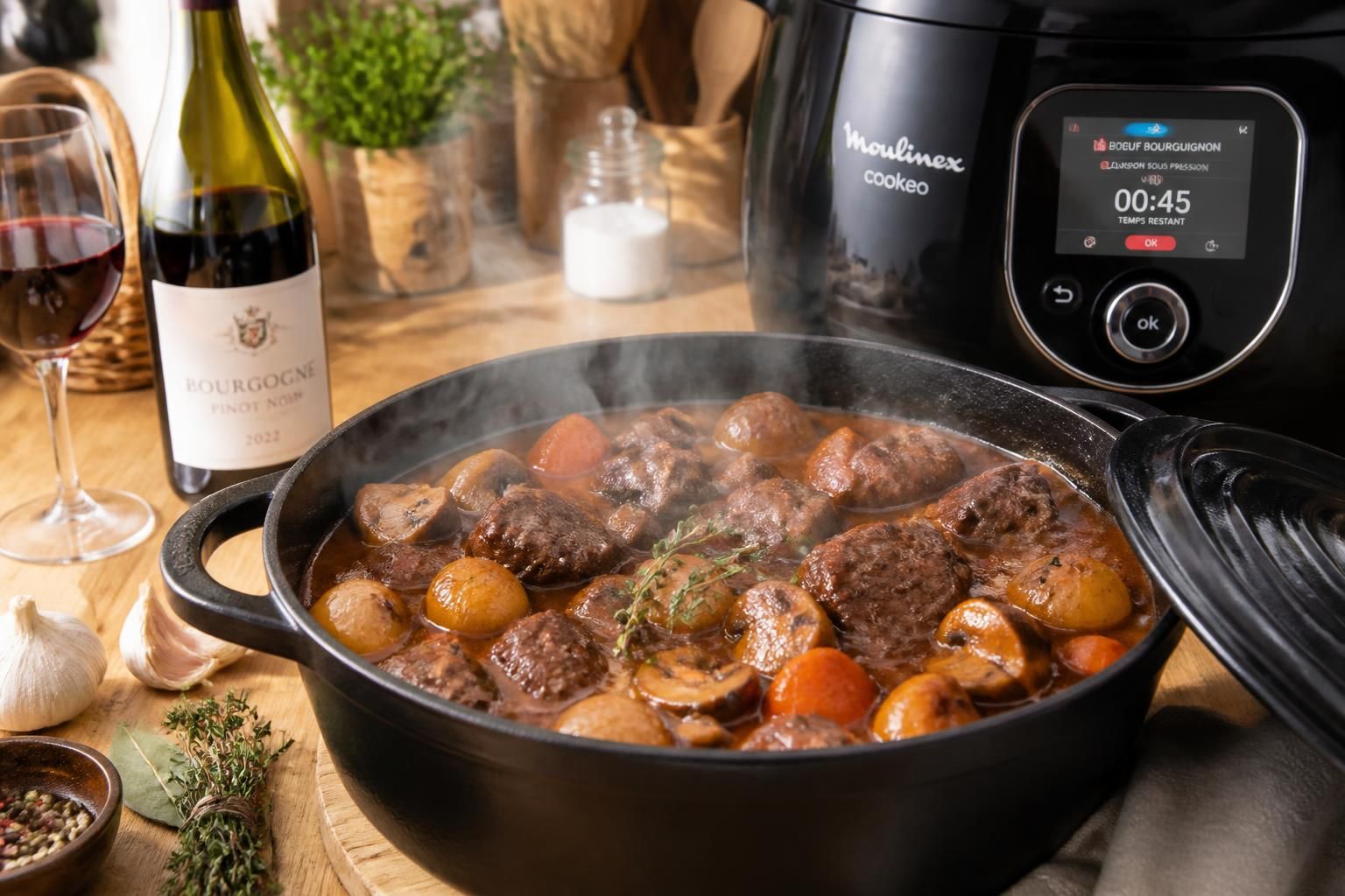 découvrez notre recette rapide de bœuf bourguignon au cookeo, un mijoté savoureux prêt en seulement 45 minutes, parfait pour un repas gourmand et facile.