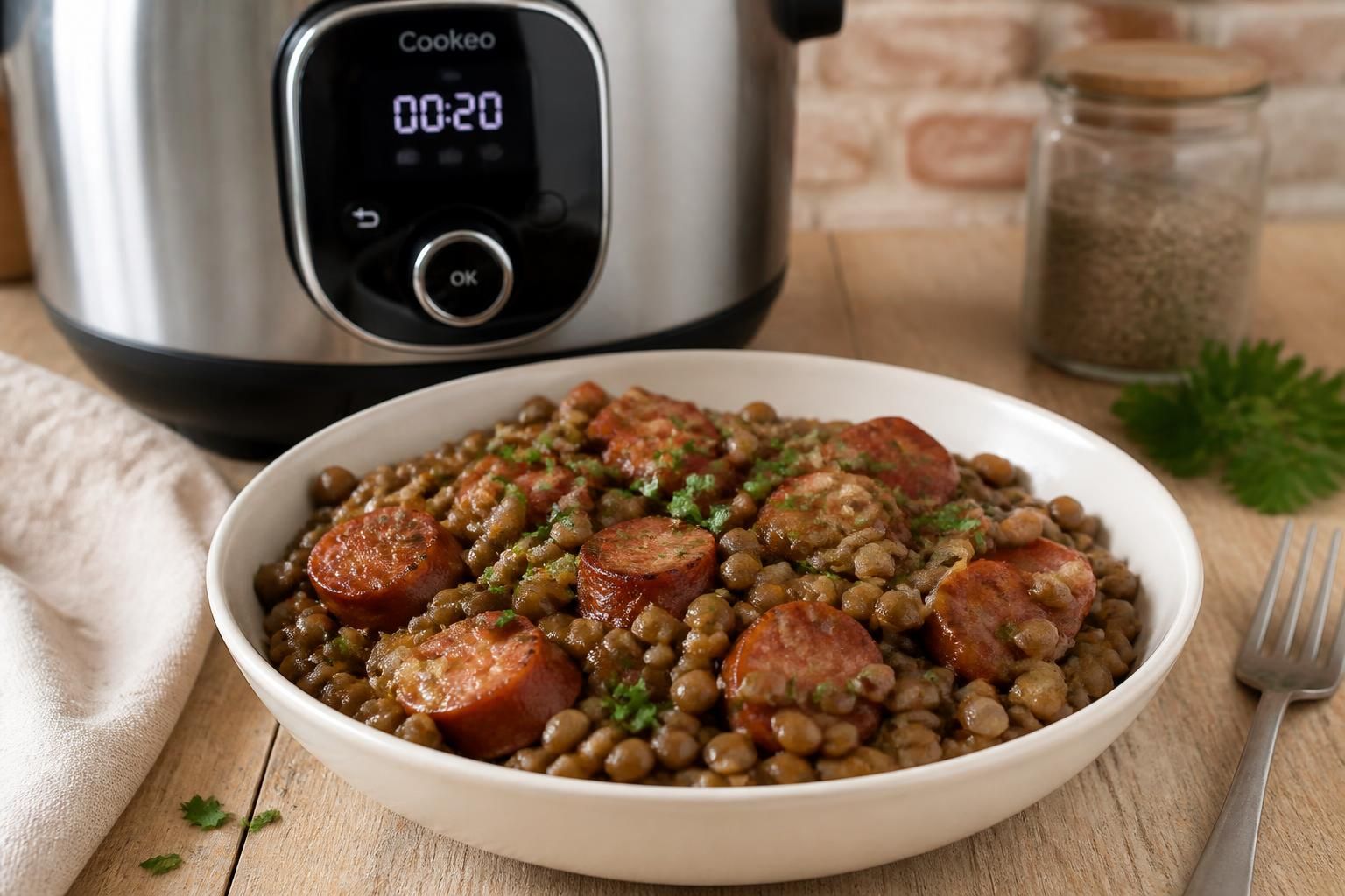 découvrez une recette rapide et savoureuse de lentilles aux saucisses réalisée avec le cookeo, un plat complet prêt en seulement 20 minutes pour un repas délicieux et facile.