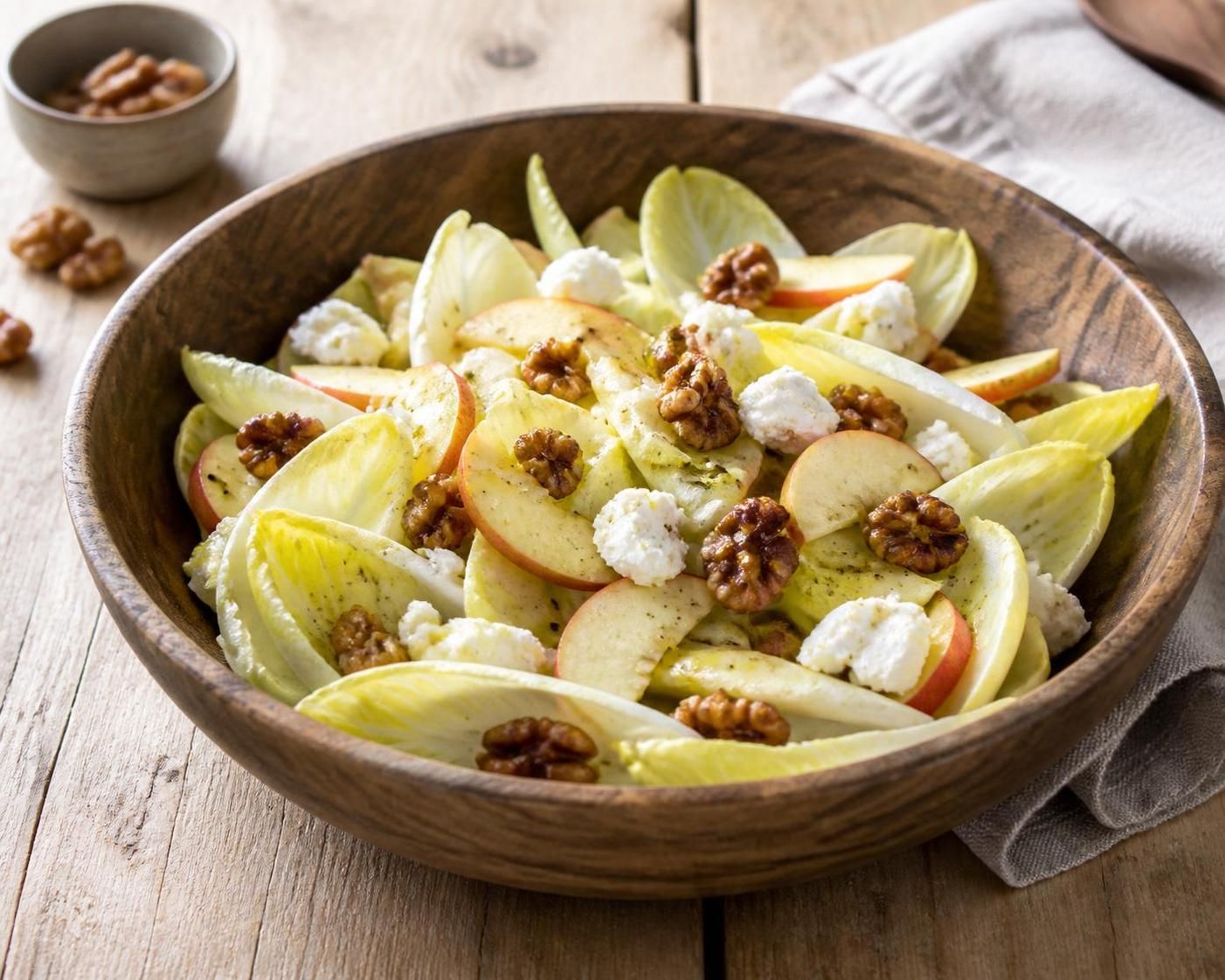 découvrez notre recette facile et savoureuse de salade d'endives au chèvre, pomme et noix, idéale pour un repas léger et gourmand.