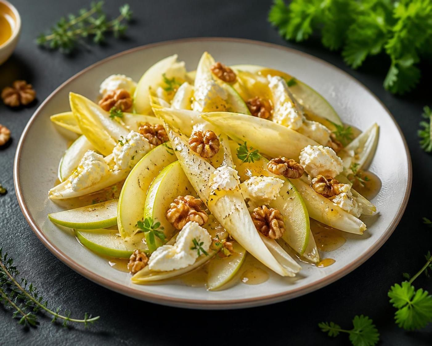 découvrez notre recette facile et savoureuse de salade d'endives au chèvre, pomme et noix, parfaite pour une entrée fraîche et gourmande.