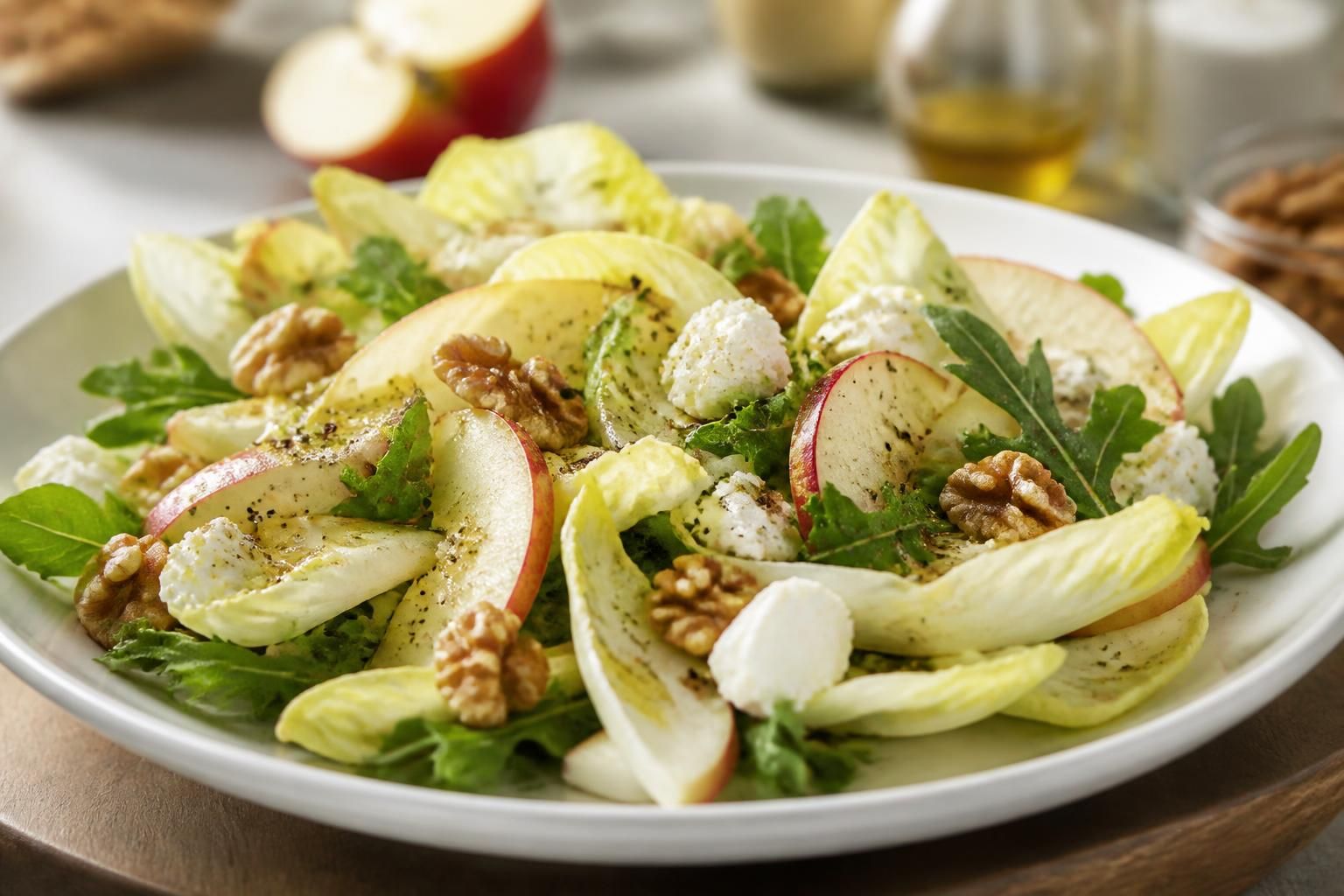 découvrez notre recette facile et savoureuse de salade d'endives au chèvre, pomme et noix, parfaite pour une entrée fraîche et gourmande.