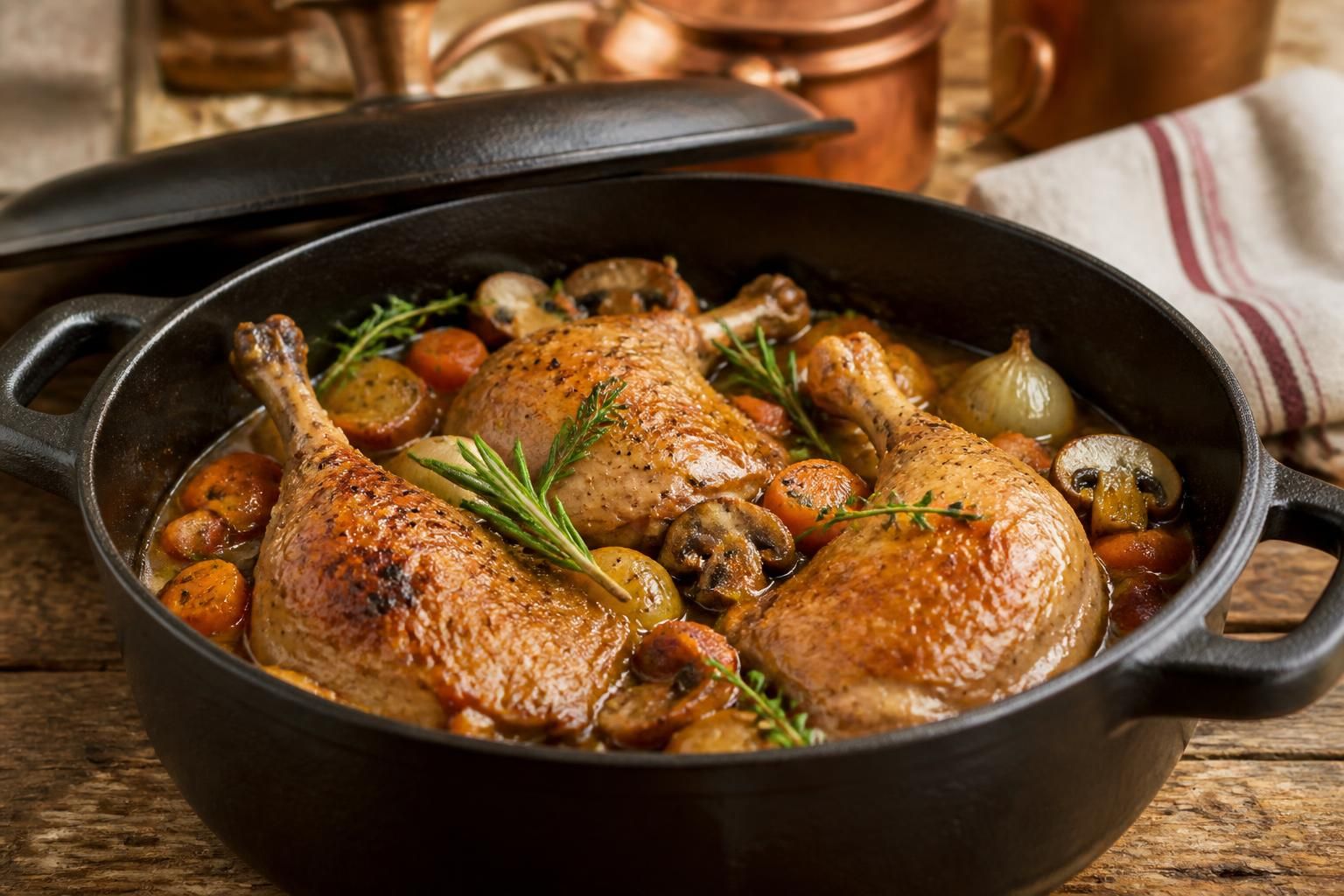découvrez une délicieuse recette de cuisses de pintade en cocotte, simple à préparer et pleine de saveurs pour un repas convivial.