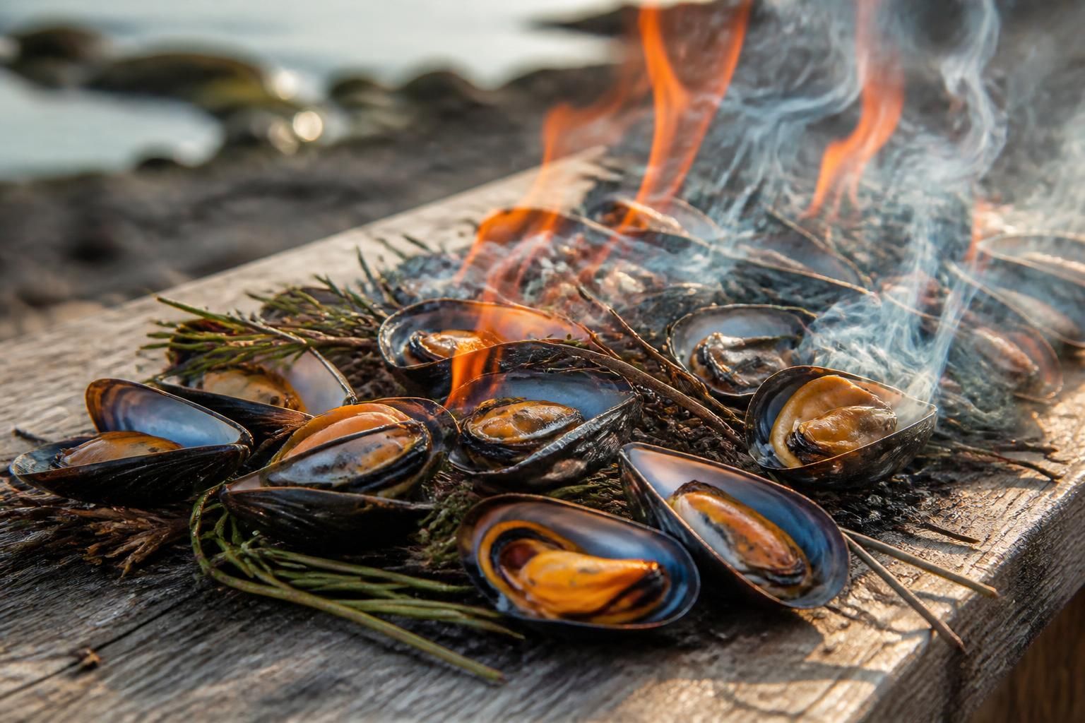 découvrez notre recette traditionnelle d'éclade de moules, un plat savoureux et convivial à base de moules fraîches grillées sous un lit de aiguilles de pin.